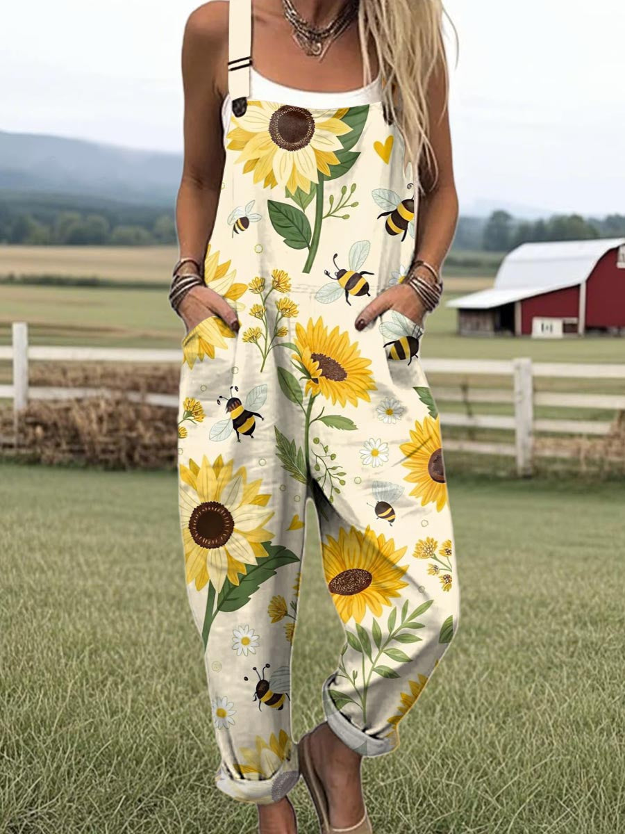 Mono de Pierna Ancha con Estampado de Girasoles y Abejas