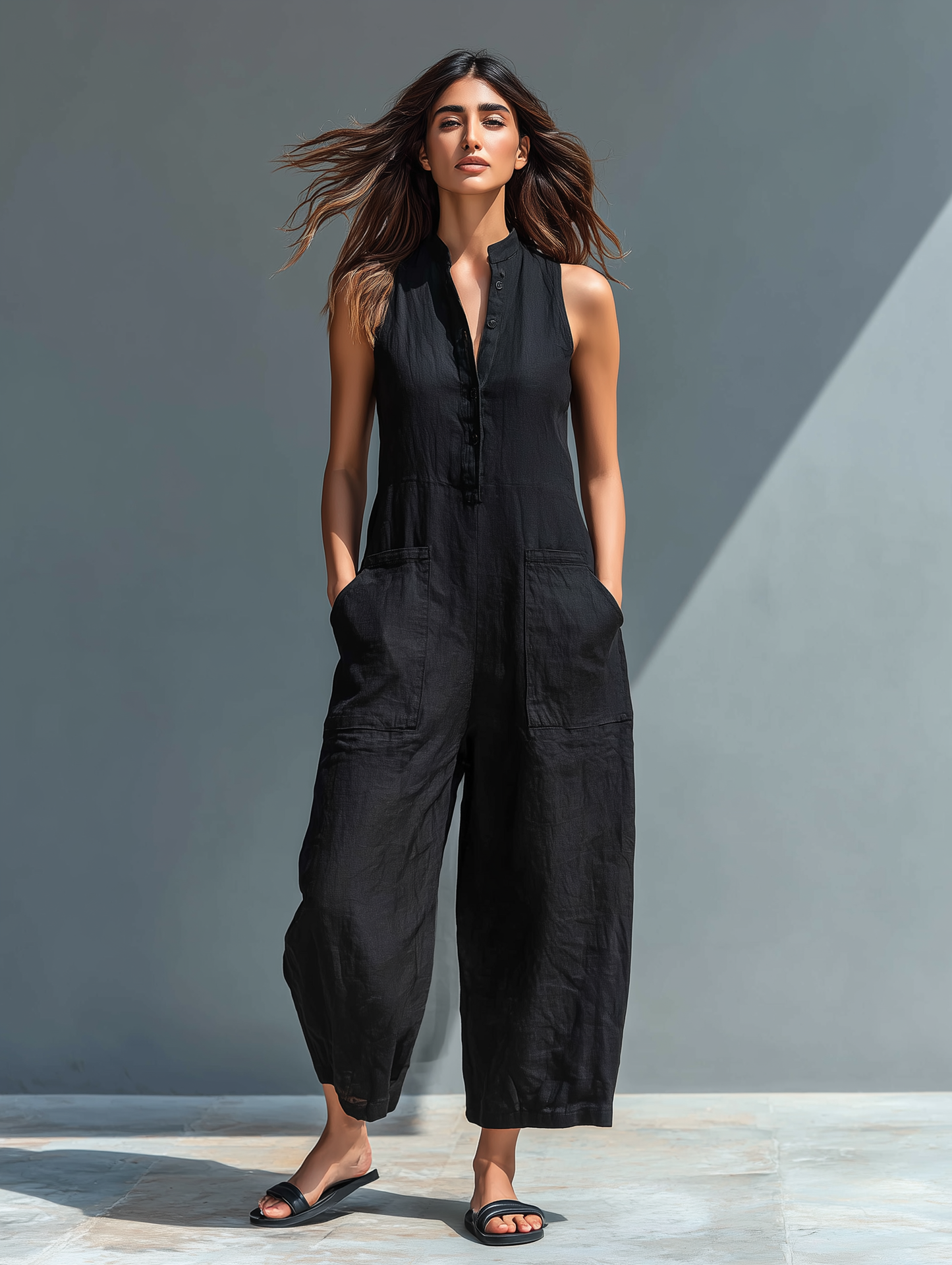 Mono holgado sin mangas con cuello alto y botones, de estilo minimalista, para mujer, de mezcla de lino