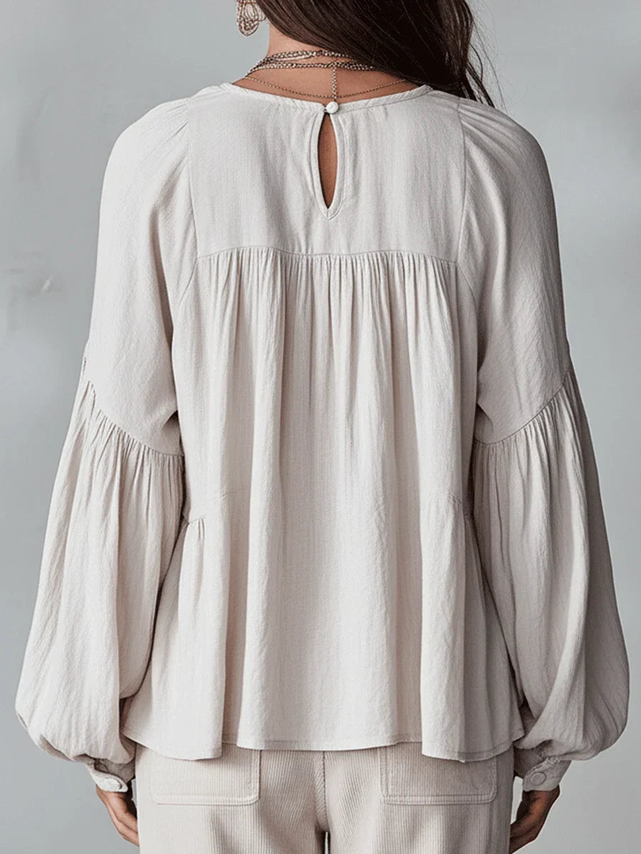 Camisa Casual de Algodón y Lino Retro con Volantes en Color Sólido para Mujeres