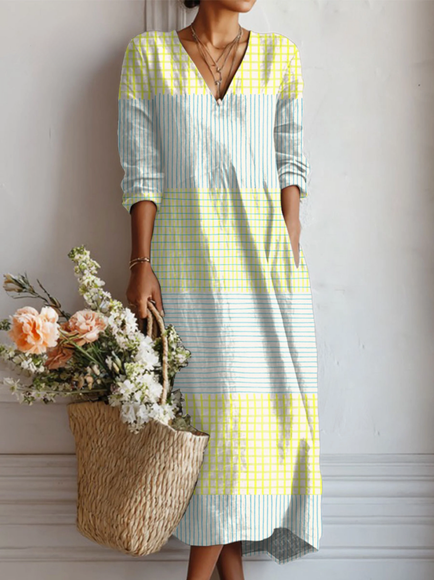 Vestido de Lino con Estampado Geométrico Vintage para Mujeres