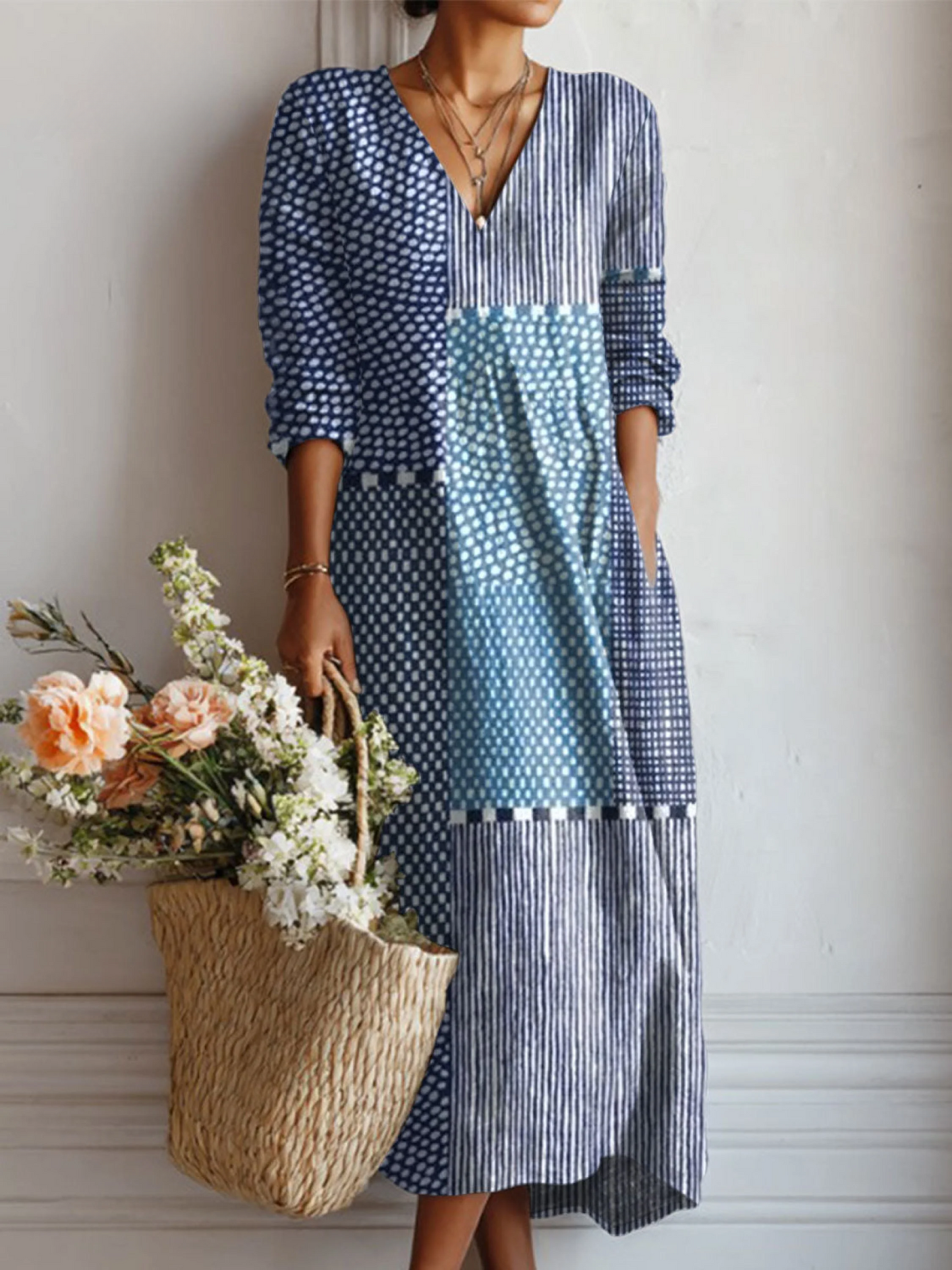 Vestido de Lino Vintage con Estampado Geométrico Abstracto para Mujer