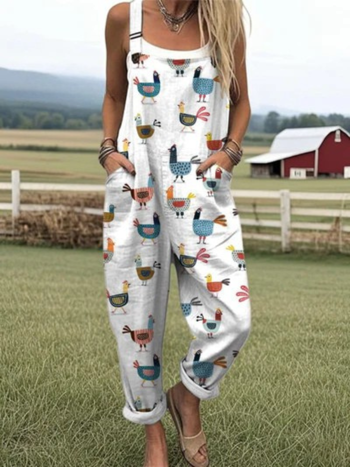 Mono Casual de Pierna Ancha con Estampado Divertido de Pollo