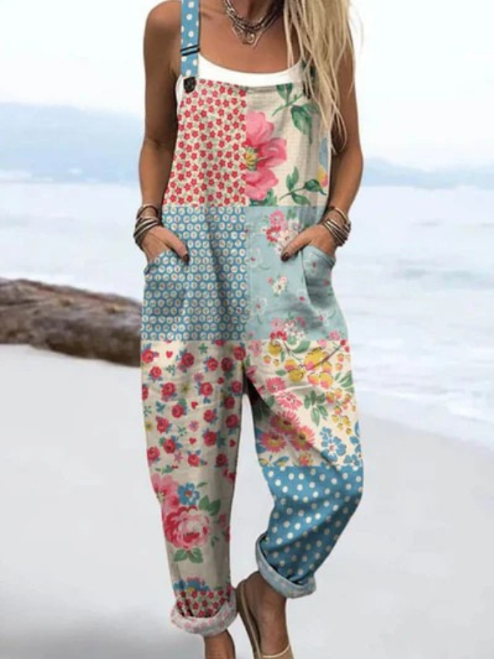 Mono Casual de Pierna Ancha con Estampado Floral Vintage para Mujeres