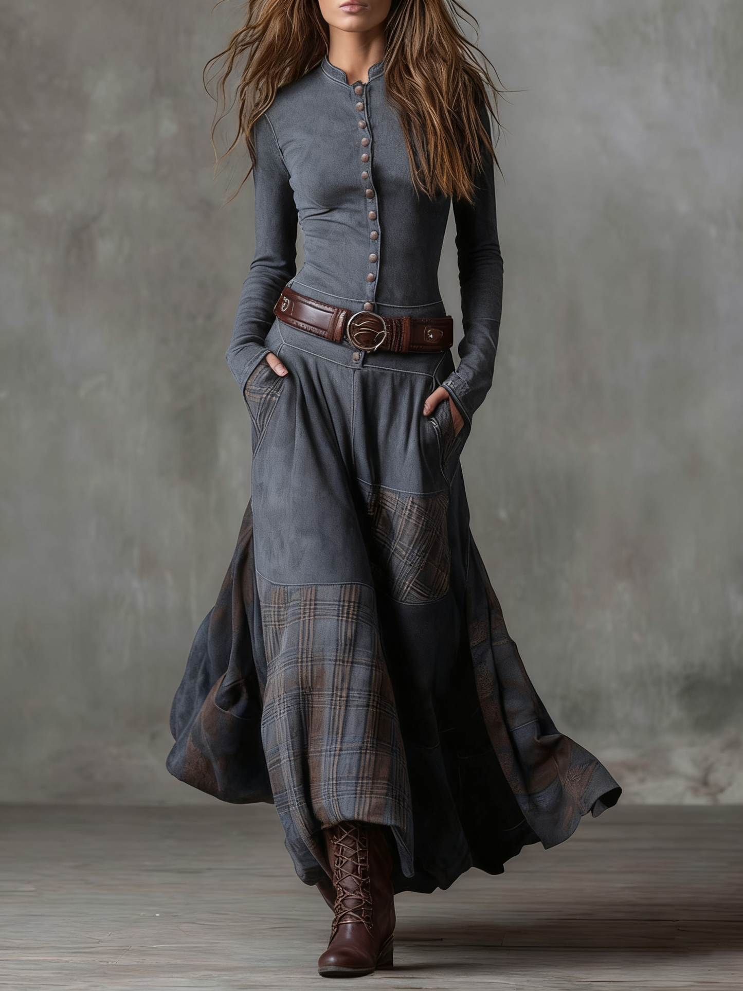 Leonora | Vestido largo vintage de ante a cuadros azul marino (Incluye Cintura)