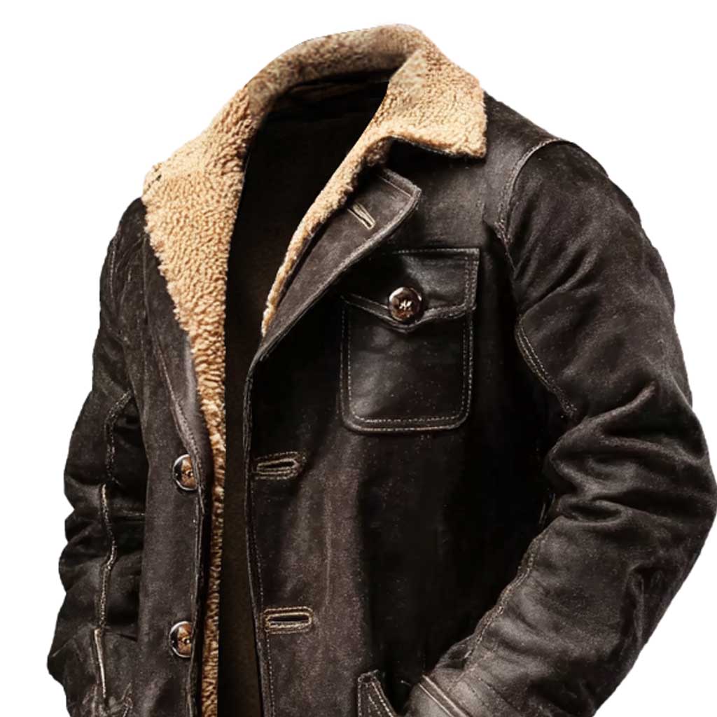 Elegante Chaqueta de Cuero Suede Marrón Oscuro con Forro de Piel Sintética para Hombre