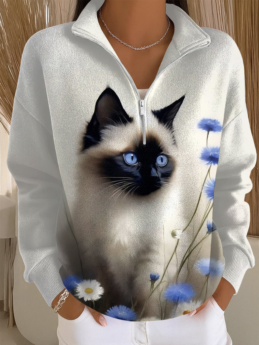 Valeria – Sudadera Casual Impresa con Ilustración de Arte de Gato para Mujeres