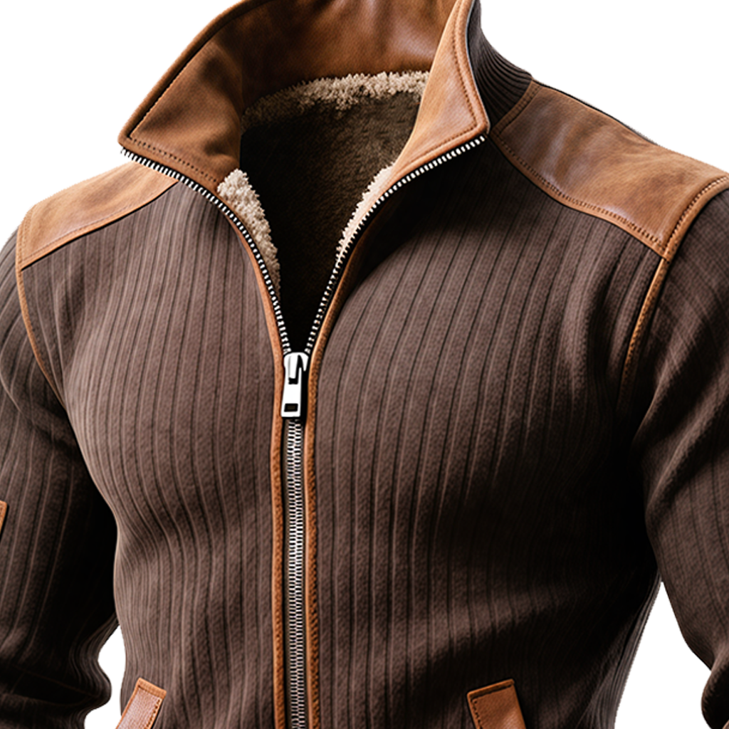 Chaqueta de Canalé Marrón con Cremallera y Detalles de Cuero