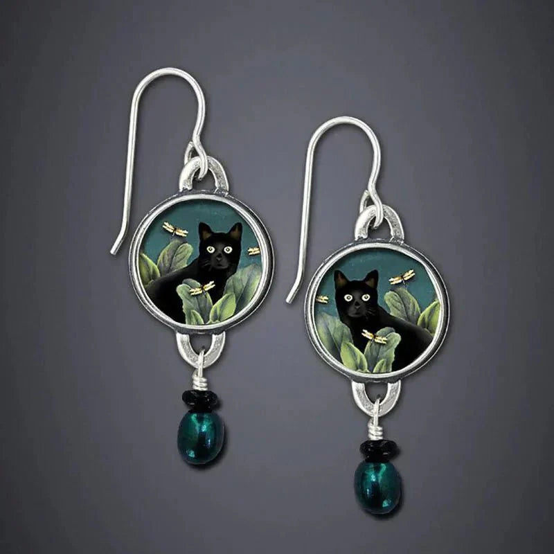 Pendientes Vintage de Gatos Negros Tropicales
