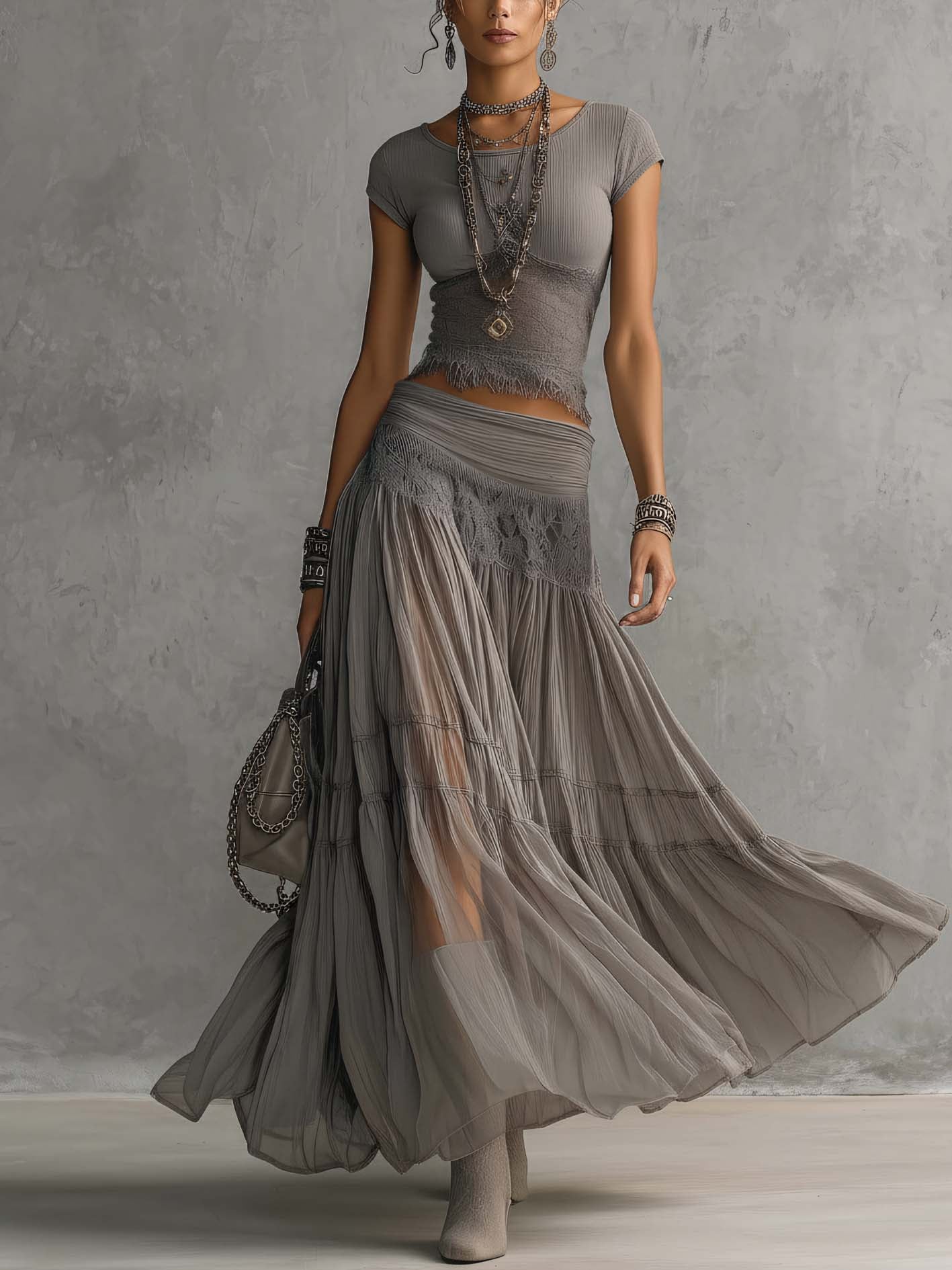 Sonya | conjunto encaje top gris plisado
