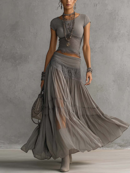 Sonya | conjunto encaje top gris plisado