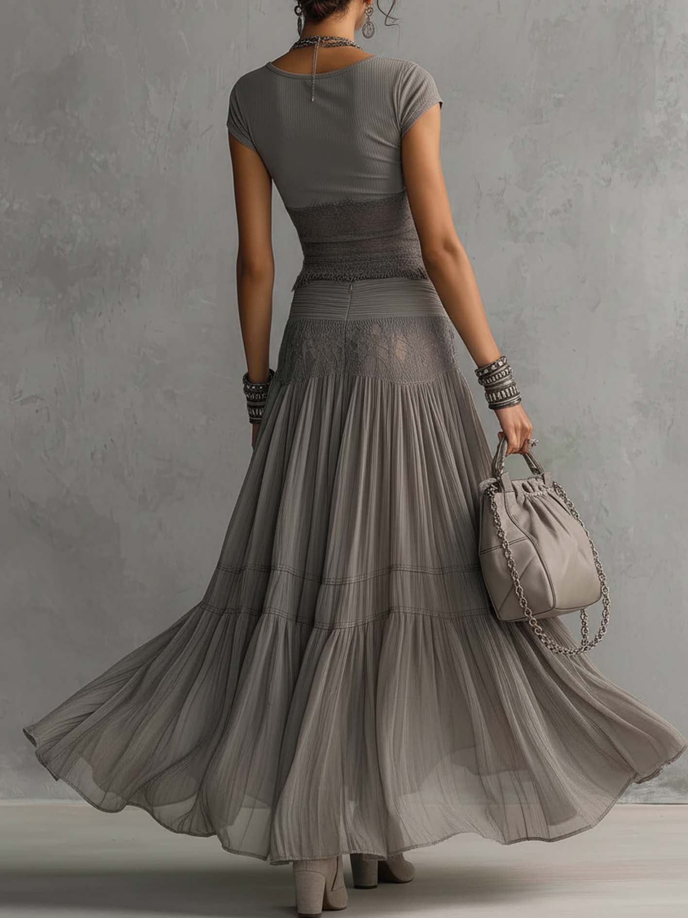 Sonya | conjunto encaje top gris plisado
