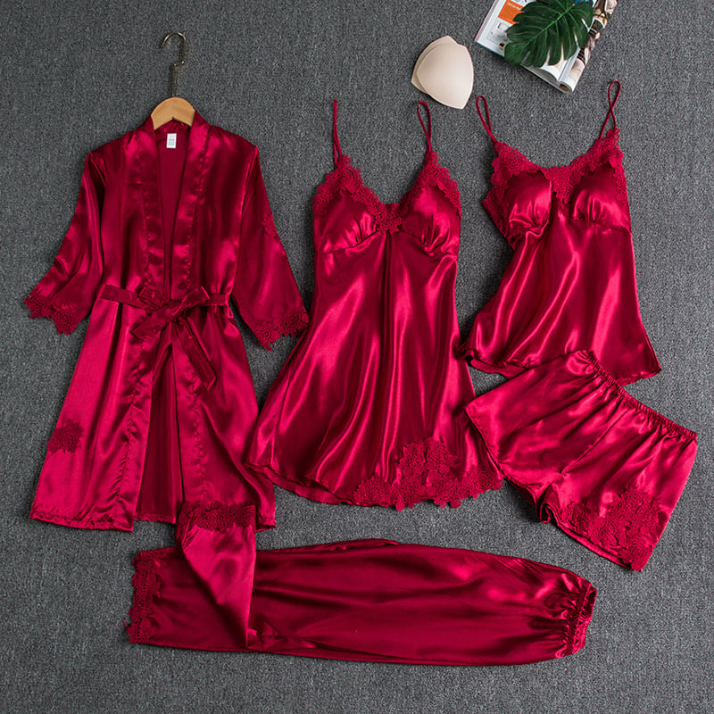 Aurora – Conjunto de Pijama de Satén 5 Piezas para Mujer