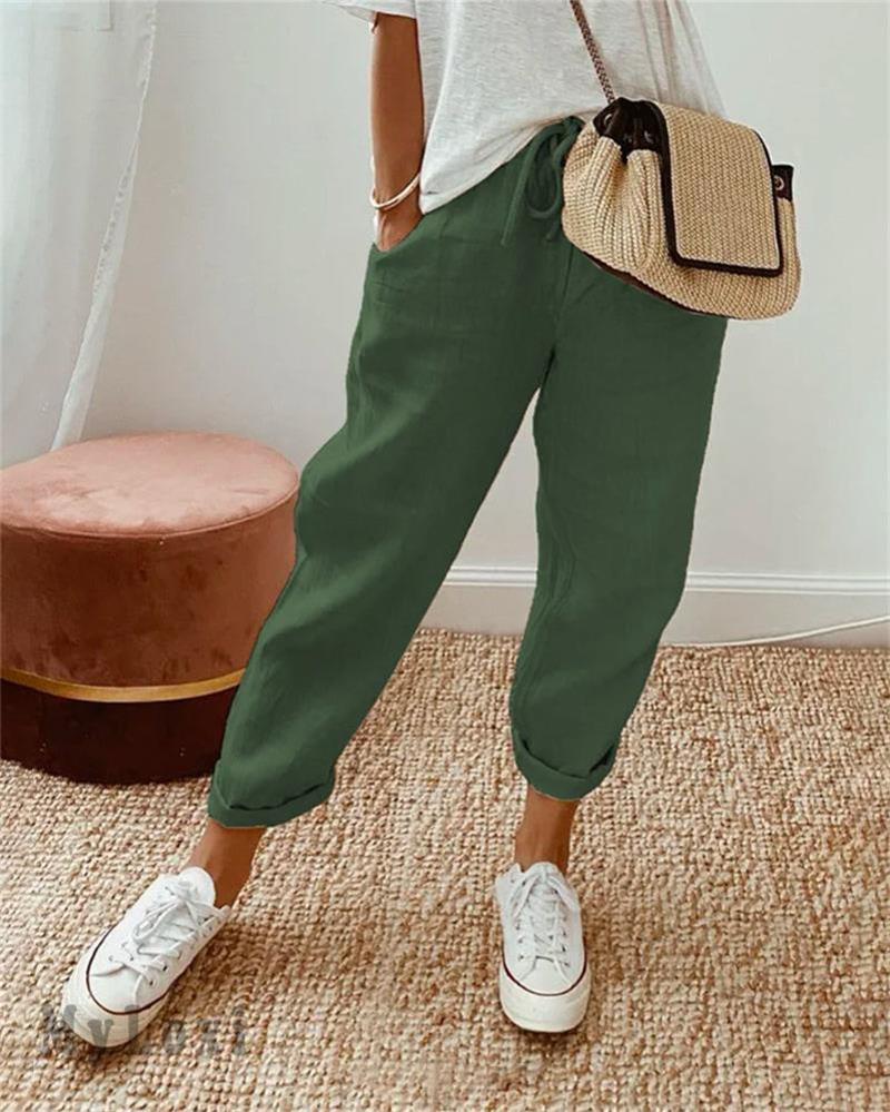 Pantalones de algodón y lino casuales para damas