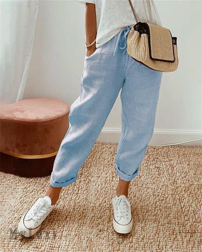Pantalones de algodón y lino casuales para damas
