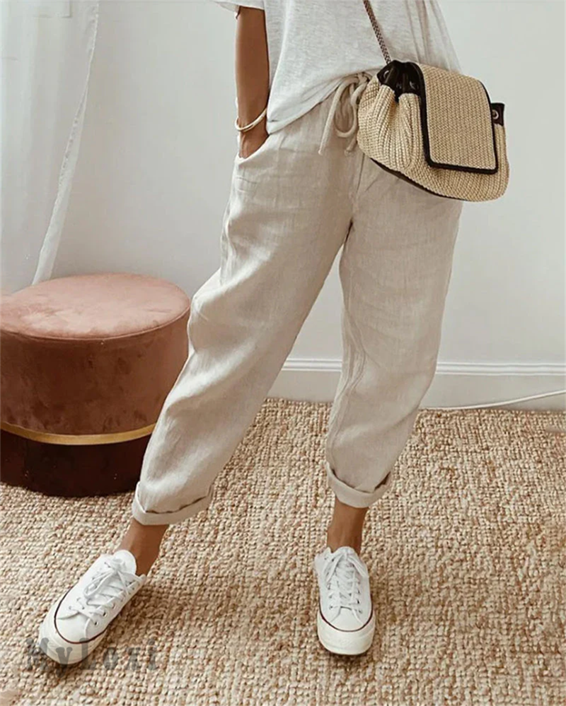 Pantalones de algodón y lino casuales para damas