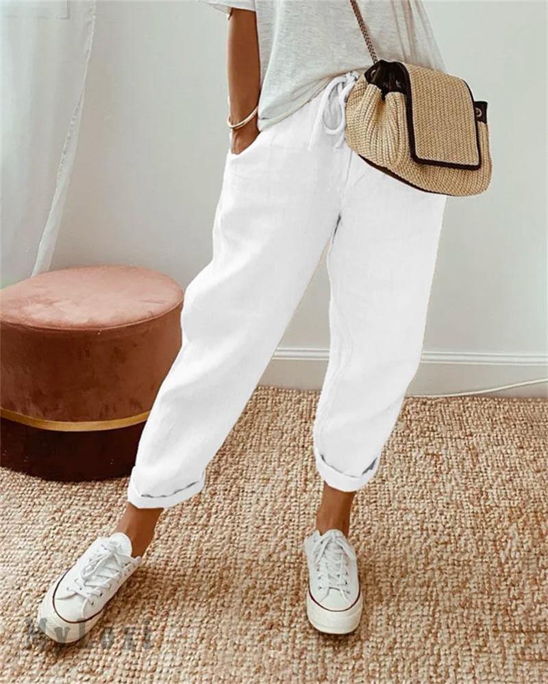 Pantalones de algodón y lino casuales para damas