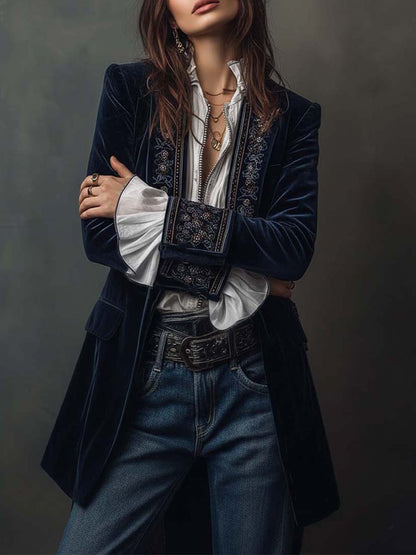 Federica | Chaqueta Larga Vintage de Terciopelo Azul Marino con Bordados