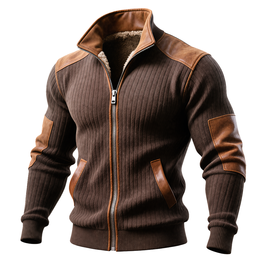 Chaqueta de Canalé Marrón con Cremallera y Detalles de Cuero