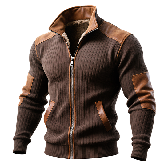 Chaqueta de Canalé Marrón con Cremallera y Detalles de Cuero