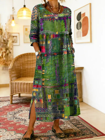 Manuela | Vestido Denim con Patchwork Étnico