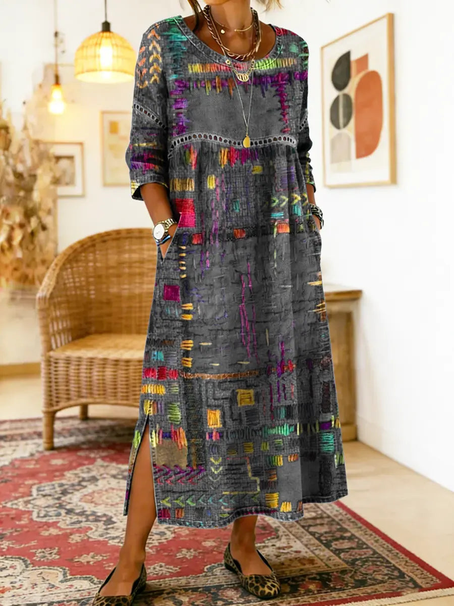 Manuela | Vestido Denim con Patchwork Étnico