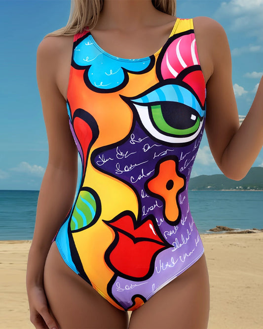 Elegante Maillot de Baño Sin Mangas Estampado de Una Pieza