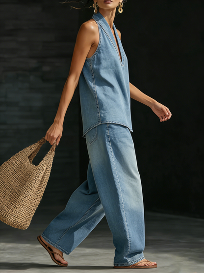 Conjunto de Denim Minimalista y Acogedor de Dos Piezas