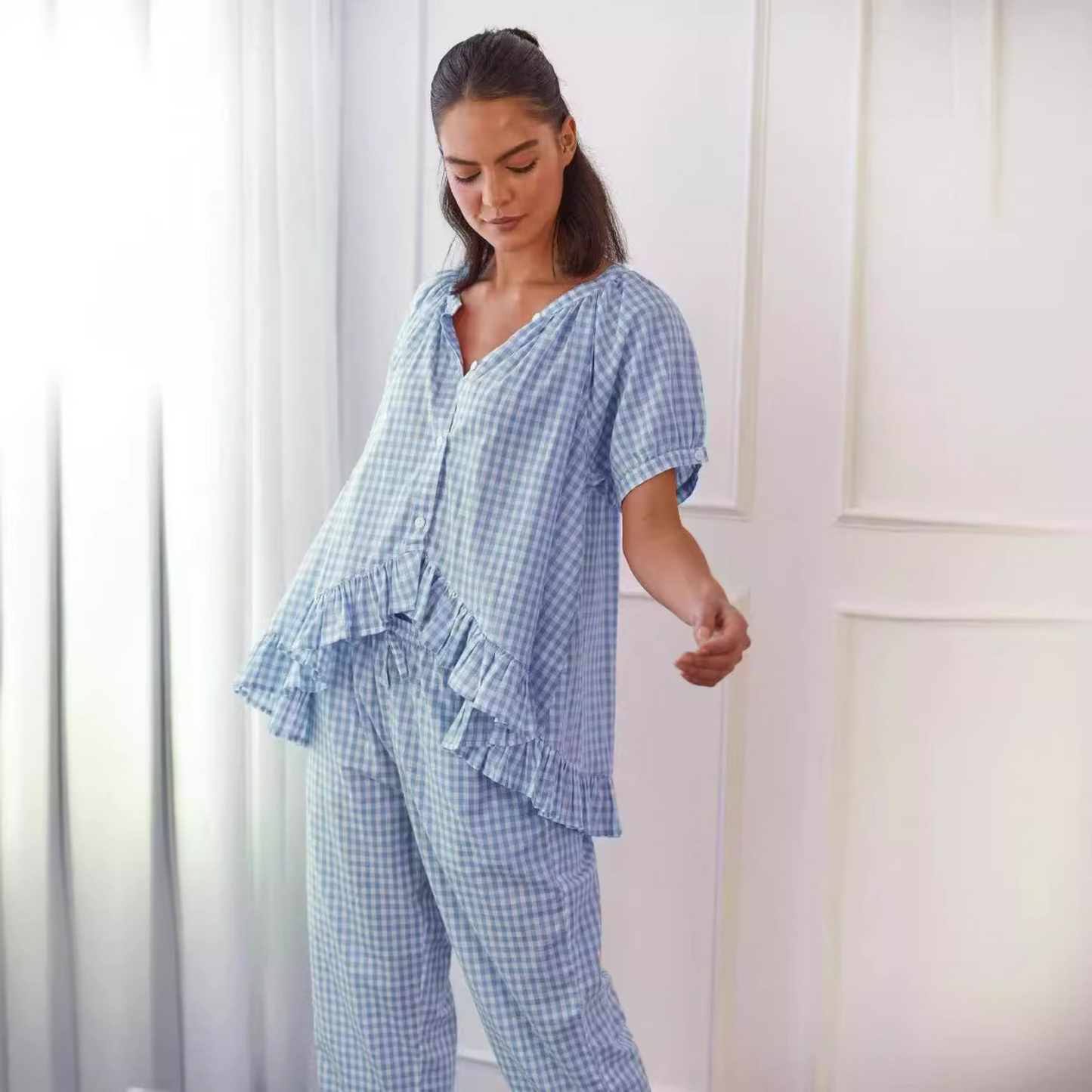 NEVERLAND™ - Conjunto de Top de Manga Abullonada a Cuadros y Pantalones