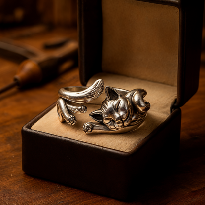 Elegante Anillo Vintage de Plata con Diseño de Gato