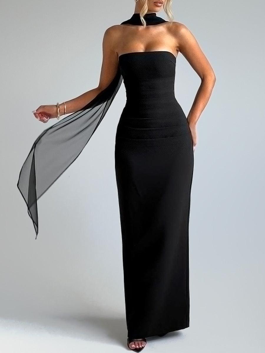 Elegante Vestido Maxi Negro con Cintura Entallada