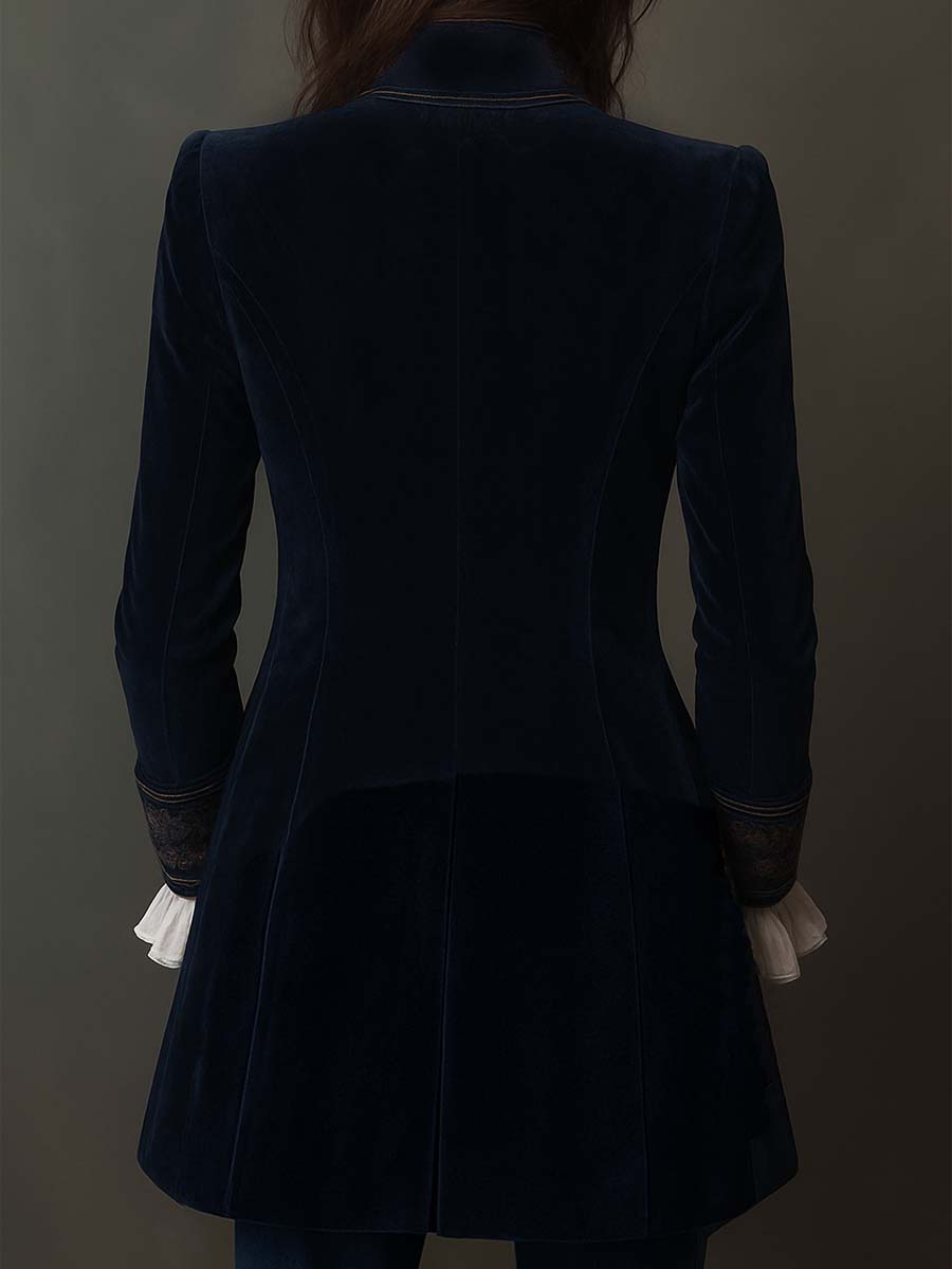 Federica | Chaqueta Larga Vintage de Terciopelo Azul Marino con Bordados