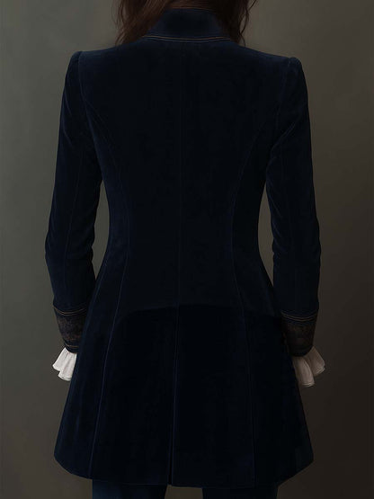 Federica | Chaqueta Larga Vintage de Terciopelo Azul Marino con Bordados