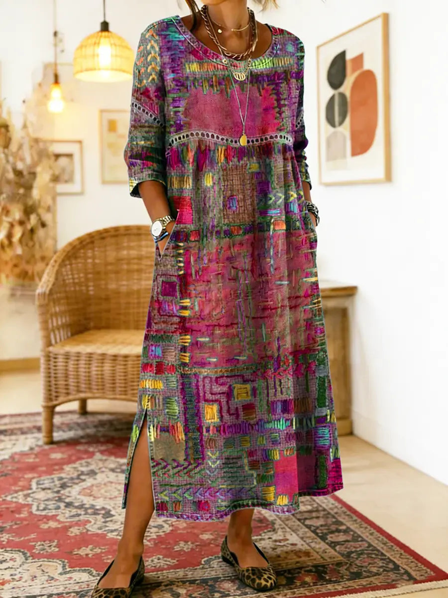 Manuela | Vestido Denim con Patchwork Étnico