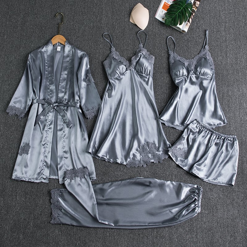 Aurora – Conjunto de Pijama de Satén 5 Piezas para Mujer