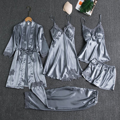 Aurora – Conjunto de Pijama de Satén 5 Piezas para Mujer