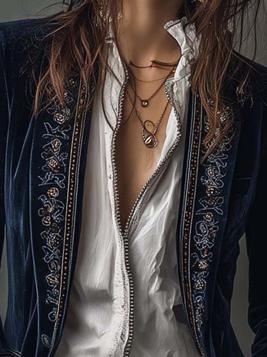 Federica | Chaqueta Larga Vintage de Terciopelo Azul Marino con Bordados