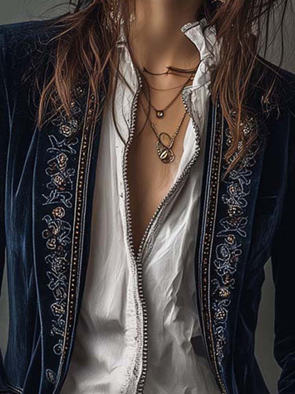 Federica | Chaqueta Larga Vintage de Terciopelo Azul Marino con Bordados