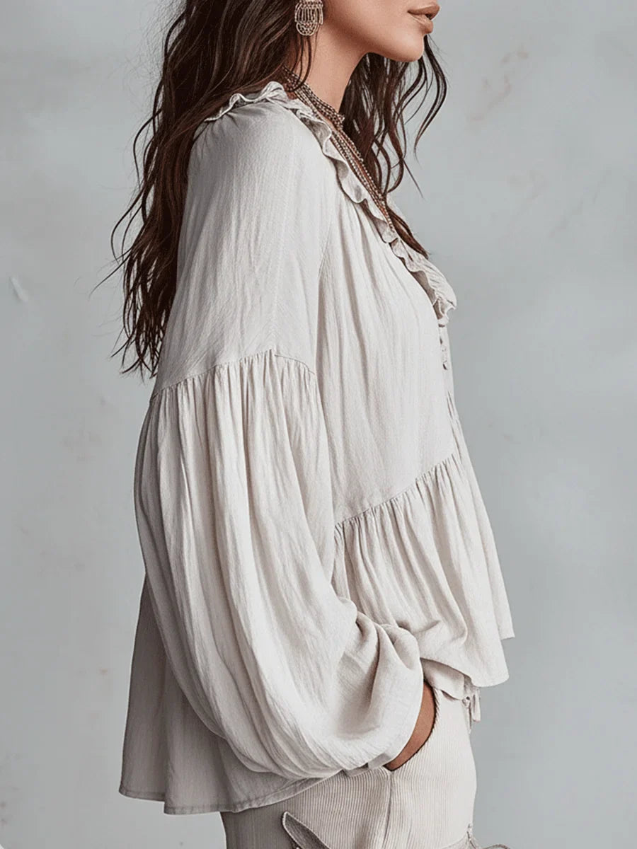 Camisa Casual de Algodón y Lino Retro con Volantes en Color Sólido para Mujeres