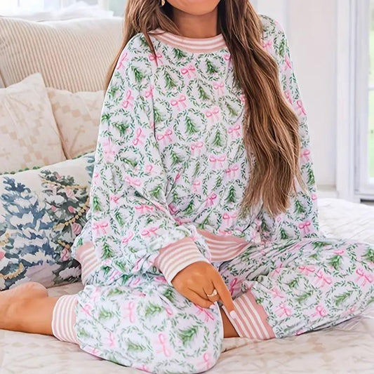 AUBREY™ - Conjunto de Ropa de Casa con Estampado de Lazo Navideño