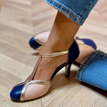 Tacones T-strap Coloridos y Cómodos con Punta Redonda