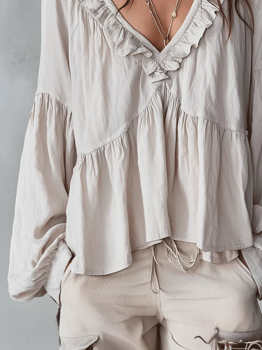 Camisa Casual de Algodón y Lino Retro con Volantes en Color Sólido para Mujeres
