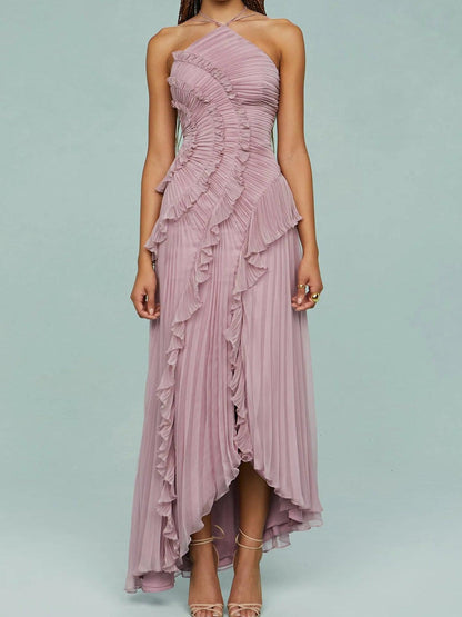 Elegante Vestido Largo de Tirantes con Pliegues y Aberturas