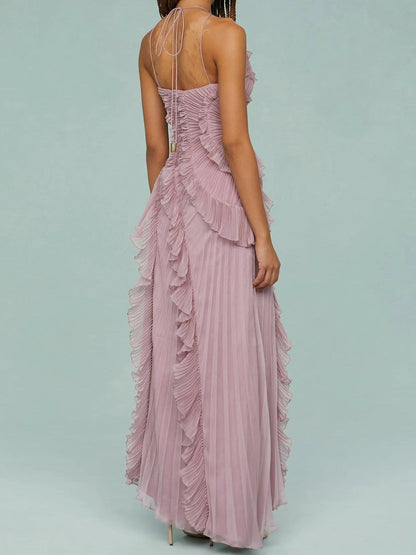Elegante Vestido Largo de Tirantes con Pliegues y Aberturas