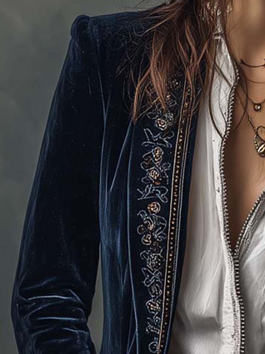 Federica | Chaqueta Larga Vintage de Terciopelo Azul Marino con Bordados