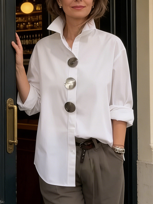 Blusa de Lino de Algodón con Cuello Elegante y Botones de Metal