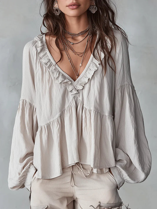 Camisa Casual de Algodón y Lino Retro con Volantes en Color Sólido para Mujeres