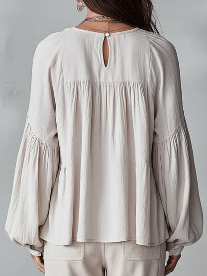 Camisa Casual de Algodón y Lino Retro con Volantes en Color Sólido para Mujeres