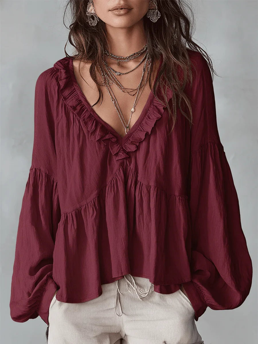 Camisa Casual de Algodón y Lino Retro con Volantes en Color Sólido para Mujeres