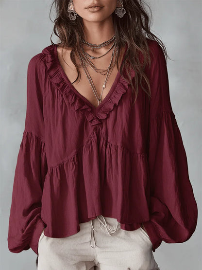 Camisa Casual de Algodón y Lino Retro con Volantes en Color Sólido para Mujeres