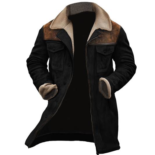 Chaqueta de piel de cordero vintage para hombre con parches y múltiples bolsillos, cuello reverso